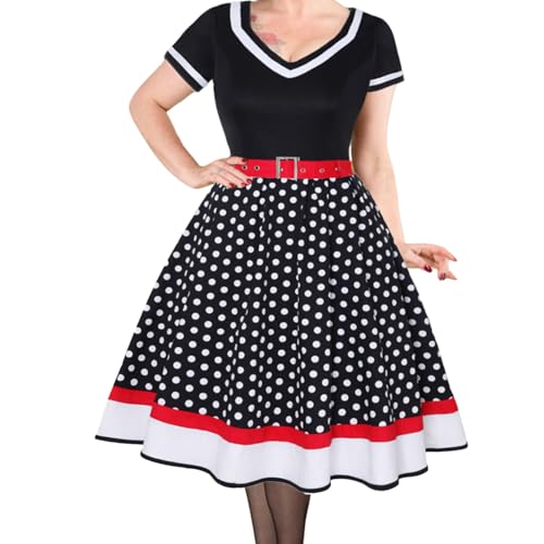 Nujvnuj Retro-gepunktetes Kleid, Schwarz mit Rot-Weißen Streifen V-Ausschnitt Petticoat Vintage Rockabilly Kleider Damen,M