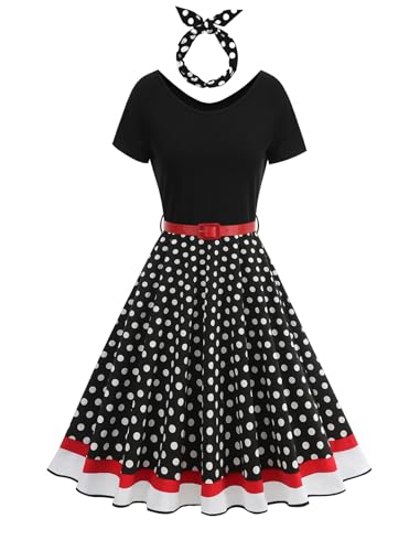 Odizli Rockabilly Kleider Damen Vintage Retro 50er Jahre Audrey Hepburn Petticoat Kleid Sommer Kurzarm Polka Dot Gepunktet Swing A Linie Festlich Knielang Coctailkleid mit Stirnband Schwarz Weiß XXL