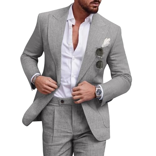 Diaryan Leinenanzug-Set für Herren, lässiger Smoking, 2-teilig, Normale Passform, Blazer, EIN-Knopf-Jacke und Hose, für Abschlussball, Hochzeit, Party, GRAU, L