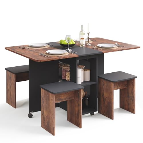 Mondeer Essgruppen, Klappbarer Esstisch mit 4 Stühlen, Esstisch Set mit Rollen und 2 Offenen Ablagen, für Kleine Räume Esszimmer Küche, 120 x 80 x 80 cm, Rustikales Braun und Schwarz
