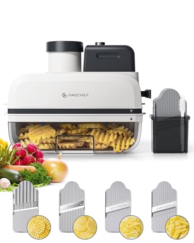 AMZCHEF Automatischer Gemüseschneider & Küchenmaschine – 5-in-1 Waffelpommes Schneider, Spülmaschinenfest, Großes Einfüllrohr – Ein kreatives Geschenk für Frauen, die gerne kochen