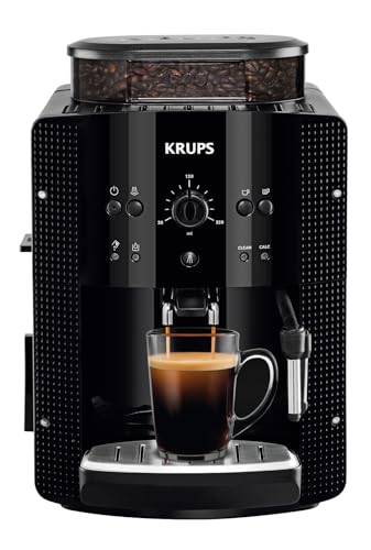 KRUPS Arabica Picto Kaffeevollautomat, kompaktes Design, einfache Bedienung, intuitiv einstellbarer Drehregler, Milchschaumdüse, 2-Tassen-Funktion, Kaffeemaschine, Schwarz, EA810870