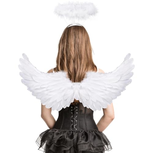 Cheukka 60CM Engelsflügel Weiß mit Heiligenschein,Engelsflügel Kinder,Engel Flügel mit Heiligenschein für Damen,Engel Kostüm für Mädchen,Party Fasching Flügel Engel Kostüme Deko