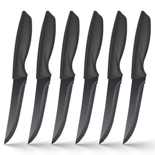 Freyeeti Steakmesser Set, 6 Schwarze Steakmesser mit Sägezahn, Scharfes Steak Messer Set, Spülmaschinenfest, Ergonomischer Griff, Perfekt für Weihnachtsessen, Silvesterfeiern
