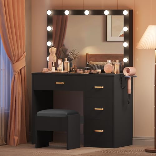 YITAHOME Schminktisch mit Spiegel, Kosmetiktisch mit 4 Schubladen, Frisiertisch mit Hocker, Beleuchtung, Steckdose, Schwarz (Make Up Tisch, Frisiertisch, Kosmetiktisch, Vanity Table)