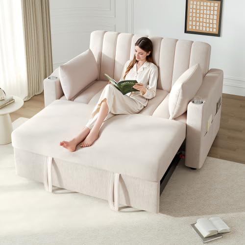 Merax Schlafsofa mit Schlaffunktion, Multifunktionales Sofa mit Verstellbarer Rückenlehne, Integrierter Getränkehalter und Kissen, Ideal für Wohnzimmer und Schlafzimmer, Beige