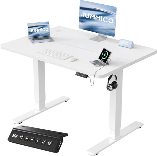 JUMMICO Höhenverstellbarer Schreibtisch mit USB-Ladeanschluss 100 x 60 cm, Schreibtisch Höhenverstellbar Elektrisch, Steh-Sitz Tisch Stehpult Verstellbarer Computertisch,Standing Desk,Weiß