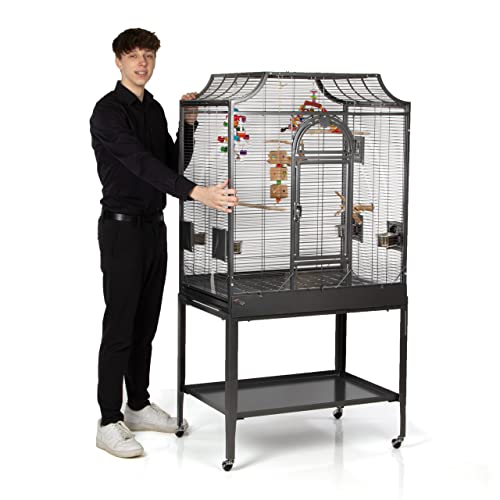 Montana Cages | Premium Vogelkäfig Madeira II Vogelkäfig für Sittiche, inkl. Anflugklappe, Freisitz, 4 Edelstahlnäpfe, AVILON Pulverbeschichtet, ca. 82 x 54 x 153 cm