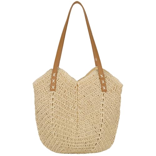 HTTDSLF Damen Gewebte Tasche, Stroh Handtasche Damen Große, Sommer Strandtasche Damen Stroh Umhängetasche Reißverschluss Vintage Bohemian Strandtasche, für Strand Damenreisen und Urlaub Beige
