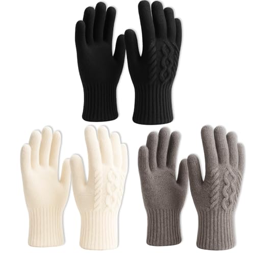YyiFcg Handschuhe Damen, Thermo Handschuhe Damen, Touchscreen Handschuhe, 3 Paar Winterhandschuhe Damen, Warme Handschuhe Frauen mit Touchscreen-Funktion, Elegante Farben Schwarz Weiß Grau