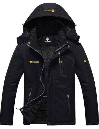GEMYSE Herren Skijacke Winddichte Wasserdichte Fleece Winterjacke mit Kapuze für Outdoor(Schwarz,XL)