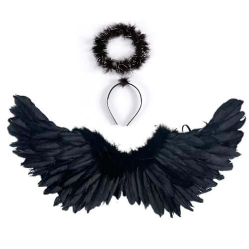 60CM Engelsflügel Schwarz mit Heiligenschein,Engel Flügel,Federflügel Engel,Party Fasching Kostüme Deko,Kostümparty Verkleidung,Engel Flügel für Damen und Mädchen (60 x 35 cm)