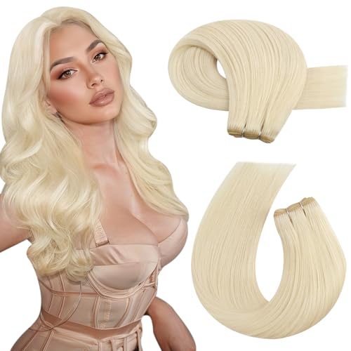 Moresoo Tressen Echthaar Platinblond 45 cm 100g Dick Glatt Tressen Extensions Echthaar Platinblond Zum Einnähen Doppelt Tressen Volumen Erweiterungen #60 18 Inch Volumenzuwachs Sofort