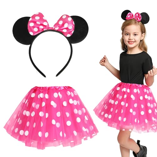 Meleager Faschingskostüme Kinder Mädchen, Minie Mouse Kostüm Kinder, Kinderkostüme Mädchen, Rosa Tüllrock mit Weiß Gepunktet + Haarreifen mit Maus Ohren für Halloween Fasching Karneval Cosplay Party