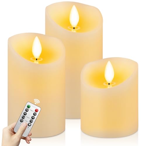 CNMTCCO Flammenlose LED-Kerzen mit Fernbedienung, 3 Stück (10/12,5/15 cm, Durchmesser 7,5 cm) – Echtwachskerzen mit Flackereffekt – batteriebetrieben für Weihnachten, Hochzeit, Party und Dekoration