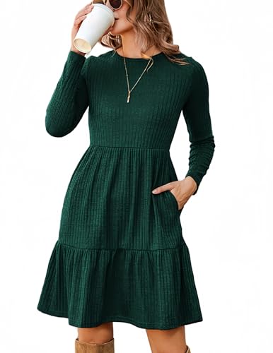 Zeagoo Kleid Damen Grünes Rundhals Langarm Herbstkleid Elegant A Linie Kleider Casual Dünn Winterkleider Grün M