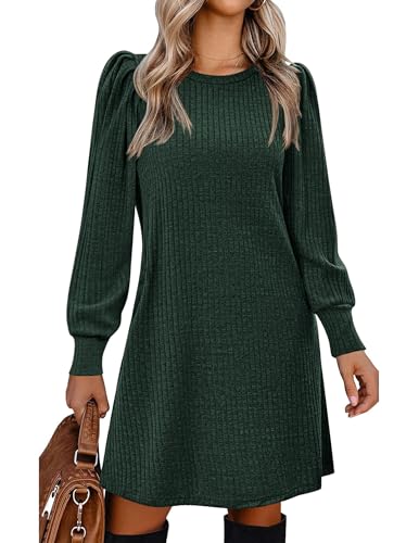 Zeagoo Strickkleid Damen Dünne Herbstkleid Langarm Pulloverkleid Rundhals Midikleid Kleid Für Herbst Winter Elegant Winterkleid mit Taschen Grün L