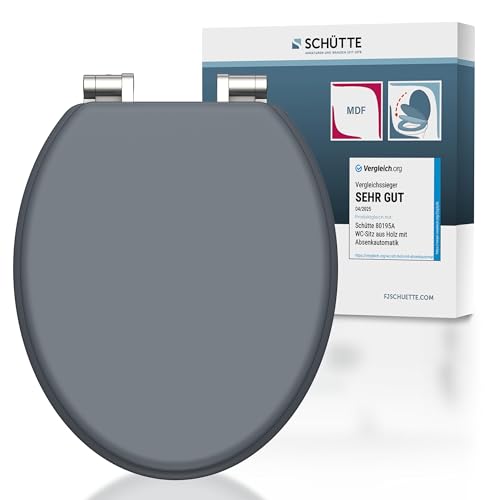 SCHÜTTE WC-Sitz mit Absenkautomatik aus Holz, hochwertiger Toilettendeckel mit 175kg Belastbarkeit, Toilettensitz mit Brille, Klodeckel für WC, MDF Holzkern Klobrille, Grau
