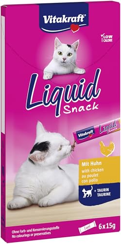 Vitakraft Liquid Snack, Katzen Leckerli, Katzensnack cremig, mit Huhn und Taurin, in einzelnen Sachets, unterstützt die Augen und das Herz (1 Paket mit 6x 15g)