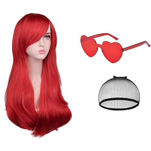 Aomig Lange lockige Haar Perücken für Frauen, Natürlich Synthetische Perücke mit Pony für Damen, Wavy Hitzebeständige Perücken mit Brille Haarnetz für Alltag/Party/Cosplay(Rot)