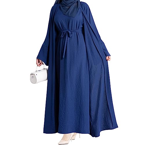 Abaya Damen Muslimische Kleider Islamisches Dubai Gebetskleid Robe Lang Cardigan Maxikleid 2 Stück, Marineblau, Medium