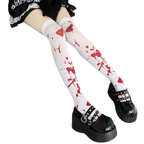 Blutige Strumpfhose Halloween Damen,Halloween Kostüm Damen Sexy Gruselig,Weiße Blutiges Strümpfe Accessoires Strumpfhosen,Karneval Kostüme Frauen,Cosplay Socken Mit Blutspritzern,Kniestrümpfe Costume