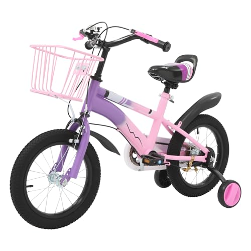 ACROSSPART 14 Zoll Kinderfahrrad, Fahrrad Kinder mit Stützräder und Korb, Kinderfahrrad ab 3 Jahre, Höhenverstellbares Fahrrad Kinder, Kinderfahrräder mit Duales Bremssystem (Lila)
