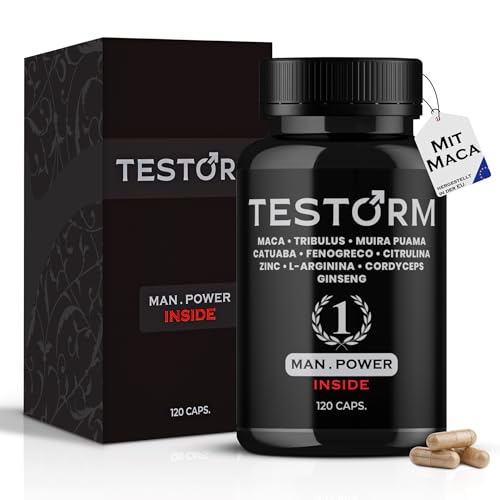 TESTORM Maca Kapseln hochdosiert – Mit L-Arginin, Tribulus Terrestris, Ginseng & Zink – 120 Kapseln – Vegane Männer Formel ohne Zusätze – Hergestellt in der EU