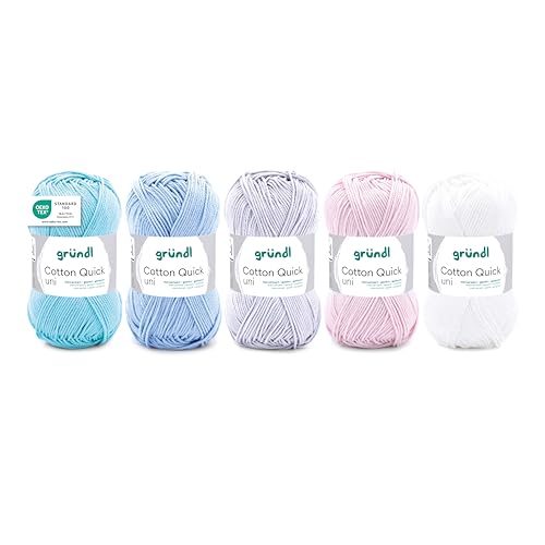 Gründl Wolle Cotton Quick uni - dünne Wolle zum Häkeln - Strickgarn - Häkelgarn - Glänzend und hautfreundlich - 100% Baumwolle - 5 Knäuel 50 g / 125 m - Nadelstärke 3-4 - Pastell-Mix