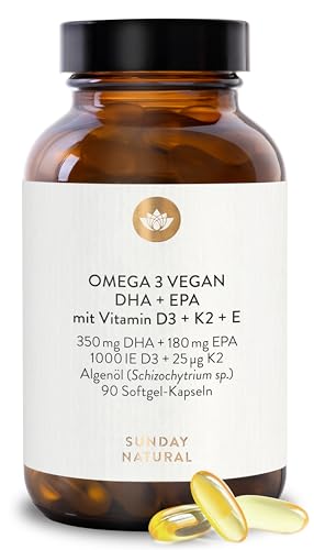 SUNDAY NATURAL® D3 K2 Omega 3 Vegan – Premium K2 MK7 99,8% All-Trans 25µg, 1000mg Algenöl DHA + EPA, 1.000IE Vitamin D3 pro Kapsel – 90 Softgel Kapseln hochdosiert – Laborgeprüft
