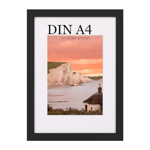 UHOUSEST Bilderrahmen A4 (21x29,7 cm), Schwarz Holz-din a4 Rahmen, ideal bruchsicherem Plexi-Glas, Groß Modern Rahmen Echtholz Bilderrahmen, für von Kinderzeichnungen/Kunstwerken/Ausstellung