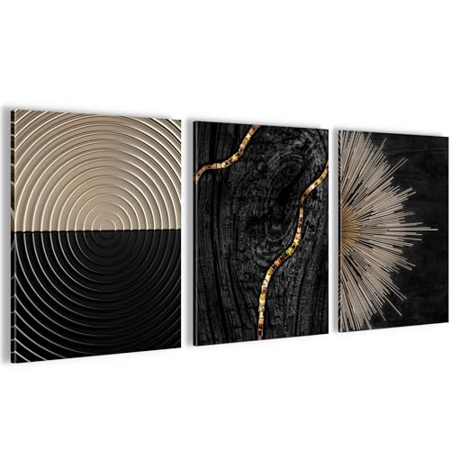 Novart Wandbilder Set Abstrakte Figuren - KOMPLETT AUFHÄNGFERTIG - Wohnzimmer Schlafzimmer Flur Deko - 3 Moderne Bilder Schwarz Gold - N035235a