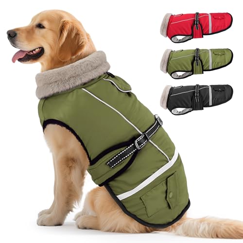 Woiil Hundemantel Wintermantel, Hundejacke Wasserdicht für Grosse Hunde mit Verstellbaren Schultergurten, Warm Hundemantel aus Fleece, Reflektierende Streifen,Geeignet für Labrador Olivgrün, XL