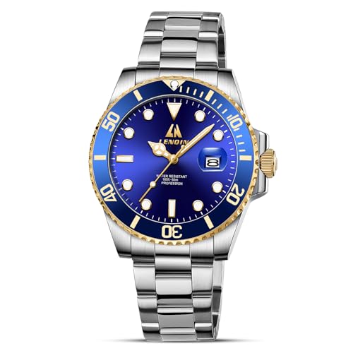 LN LENQIN Herrenuhren 30M Wasserdicht Edelstahlband Uhr für Männer Quarz Analog Uhren Herren Luxus Armbanduhren (Gold Blau)