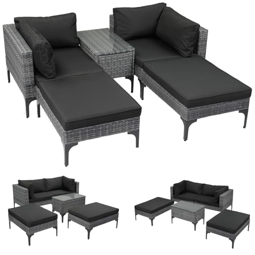 LEADZM Gartenmöbel Set,Polyrattan Lounge Set für 3-4 Personen,Balkonmöbel 2 Eck Sofas,2 Hocker,1 Couchtisch，Wetterfest & atmungsaktiv für Terrasse, Garten & Wohnzimmer,Schwarz