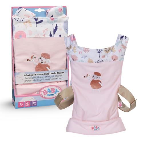 BABY born Babytrage - Puppentrage für Kinder mit 2 Blickrichtungen & verstellbarem Gurt - Rosa Trage mit Blumendetails - Puppenzubehör für alle Puppen der Größe 36 cm & 43 cm