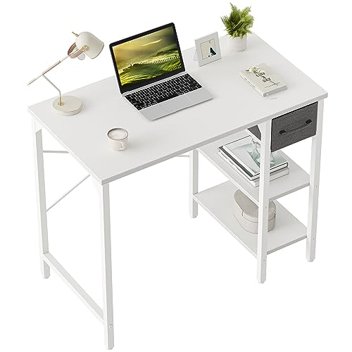 CubiCubi Schreibtisch mit Schubladen und 2 Regale, 90×48×75cm Kleiner Computertisch, Bürotisch, für Arbeitszimmer, Schlafzimmer, Metallgestell, Weiß