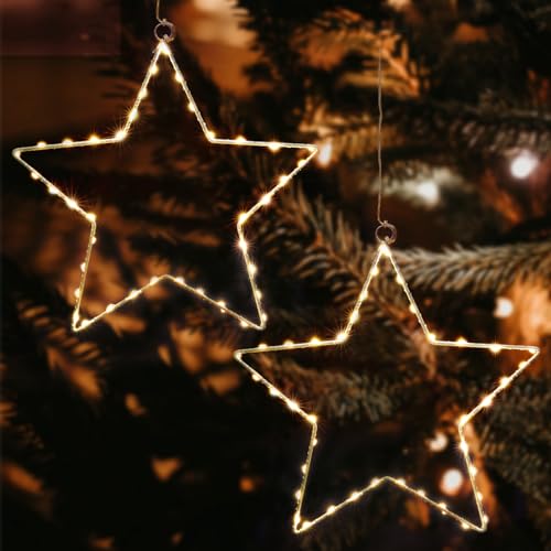 JIAPEI Weihnachtsstern Lichter, Leuchtstern Fensterdeko 8 Modi 40 Warmweißen Leds Lichterketten Batteriebetriebene Christbaumschmuck Lichter Dekorationen für Halloween, Balkon, Party Garten, 2 Stück