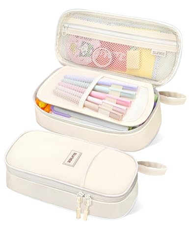SUNEE Federmäppchen mit großer Kapazität, Ästhetische Mäppchen mit Fächern und Griff, Tragbare Federtasche und Federmappe für Schule, Büro, Mädchen, Jungen, Teenager & Erwachsene, Beige