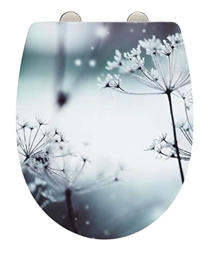 WENKO WC-Sitz mit Absenkautomatik (Softclose), Toilettensitz abnehmbar durch Fix-Clip, O-Form, bruchstabiler Thermoplast, Toilettendeckel mit mehrfarbigem Hochglanzdruck Winter-Motiv, Mod. Polar