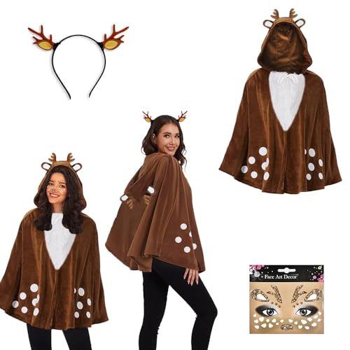 Jiahuade Karneval Kostüm Damen Rentier,Rentier Geweih Haarreifen,Haarreif Reh Geweih,Reh Gesichtstattoo,Haarreifen Fasching Damen,Rentier Haarreifen,Bambi Reh Kostüm