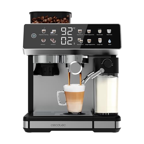 Cecotec Barista Power Espresso 20 Barista Grind & Latte Kaffeemaschine, 1350 W, 20 bar, konische Mühle, 2,6 l Wassertank, 100 g Kaffee und 500 ml Milch, Touchscreen, Selbstreinigung, personalisierbar