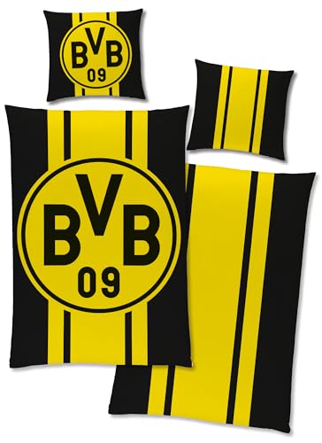 Dortmund Borussia BVB 09 Wende-Bettwäsche 135 x 200 cm + 80 x 80 cm 100% Baumwolle Renforcé-Linon Fußball Bettwäsche Logo Motiv Echte Liebe Heja BVB Reißverschluss deutsche Größe