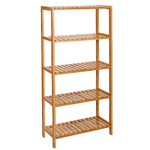 SONGMICS Badezimmerregal, Badregal, Küchenregal, Schuhregal mit 5 Ebenen, Standregal aus Bambus, 26 x 60 x 130 cm, für Bad, Wohnzimmer, Flur, Küche, naturbeige BCB35Y, Naturfarben