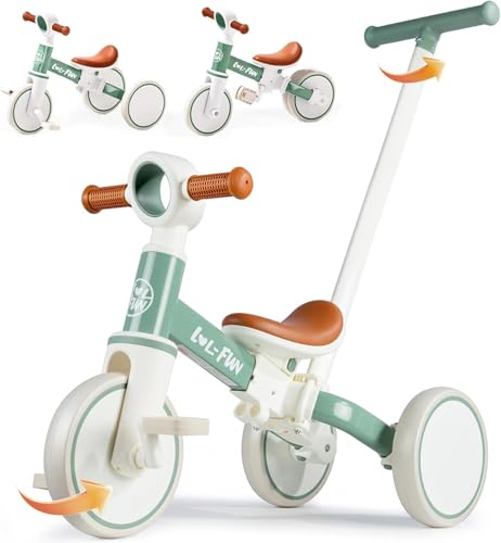 LOL-FUN 5 in 1 Laufrad Dreirad, Laufräder Kinderdreirad mit schubstange, Dreirad Lauffahrrad für Kinder ab 1 Jahre Jungen Mädchen Geschenk