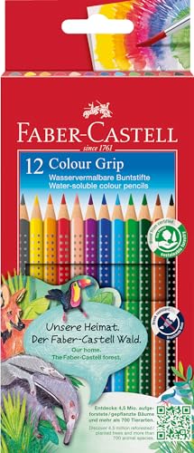 Faber-Castell 112412 Colour Grip Buntstifte für Kinder, 12er-Buntstifte-Set, Malstifte mit Grip und dreieckigem Schaft, wasserlöslichen Pigmenten, leicht auswaschbar und bruchsicher, Schulsachen