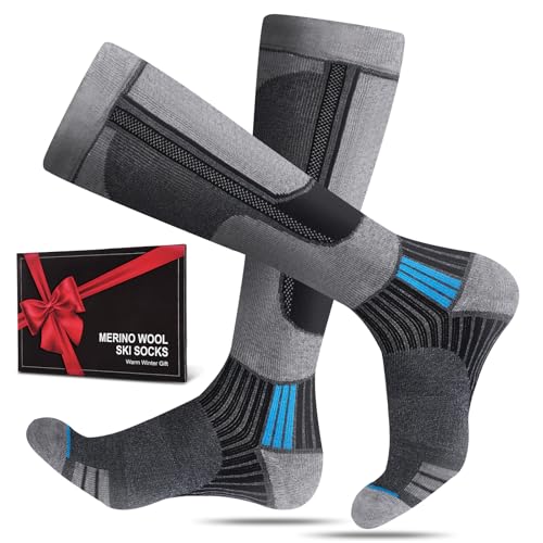 SukModen 2 Paar Skisocken aus Merinowolle für Herren Damen Jugendliche, Warme Merino Socken Thermosocken Dicke Wintersocken für Kaltes Wetter Skifahren Snowboarden Skistrümpfe Grau 43-46