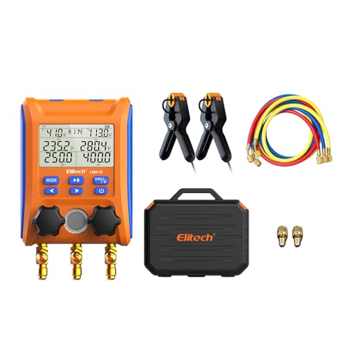 Elitech Digitales Manifold Gauge mit 3-Farben Kältemittelschläuche,Kältemittels Monteurhilfe für R134A R410A R32 R22, Drucktemperatur Lecktester Tester Digitales Messgerät für Kühlschränke LMG-10+