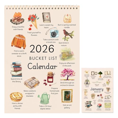 Bucket List Calendar 2026, 12-Monats Vertikaler Wandkalender Mit Inspirierendem Zielplaner Und Motivationsfunktion, Dekorativer Jahreskalender Für Zuhause Und Büro 21x29,7 Cm