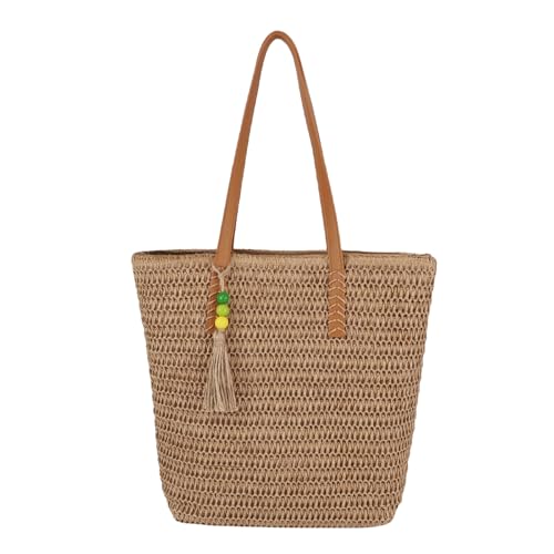 Mervokl Strandtasche Damen Geflochtene Tasche aus Papierseil mit Ledergriffen und Reißverschluss Große Beach Bag für Sommer Urlaub und Strand – Leicht & Stilvoll